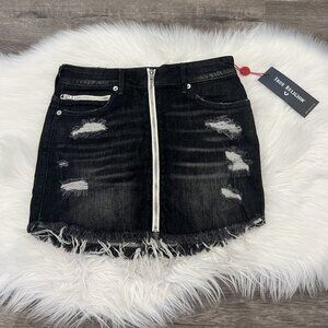 True Religion Womens Small Black Wash High Rise Zip Front Raw Hem Denim Skirt
